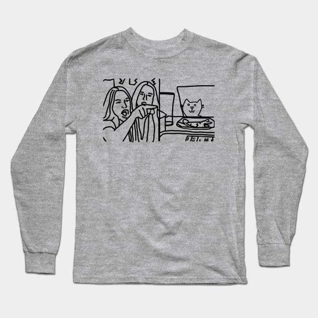 Woman Yelling at Cat Meme Humor Line Drawing Long Sleeve T-Shirt by ellenhenryart